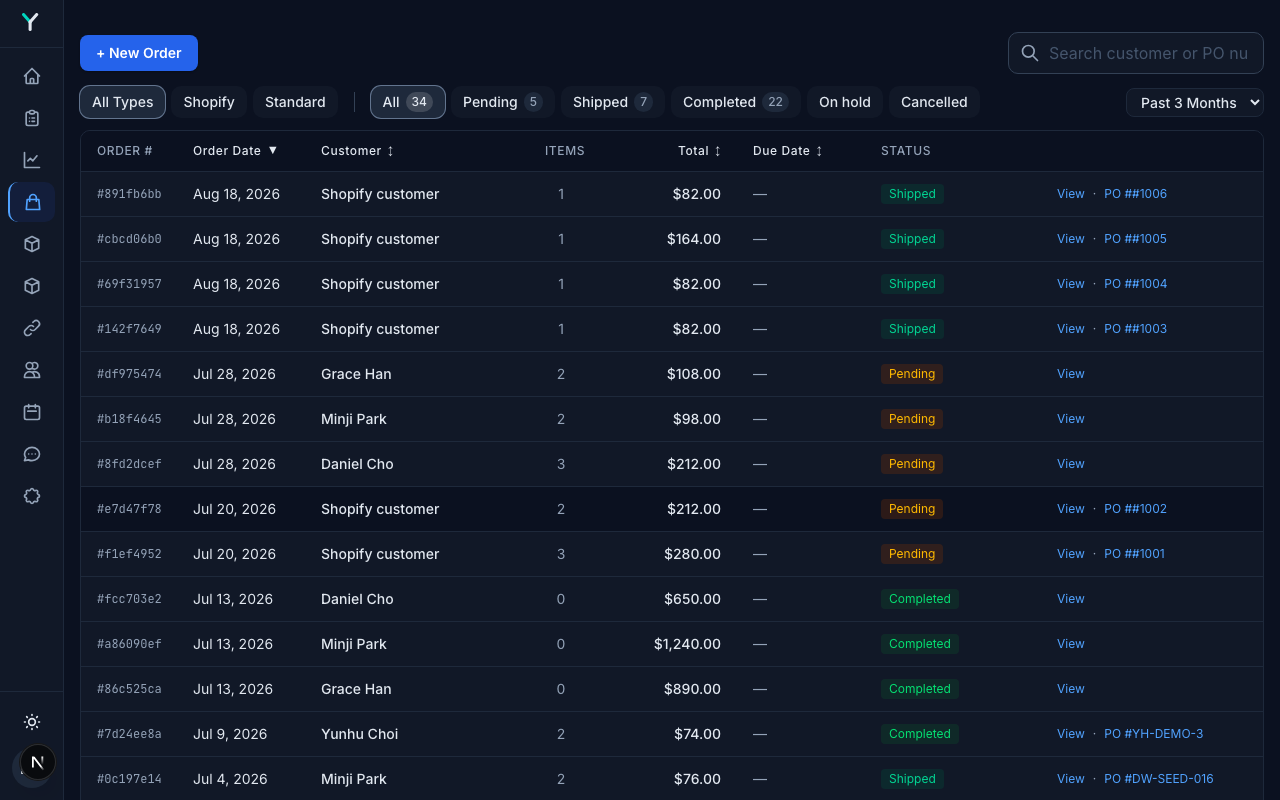 The orders queue: thirty-four orders filtered by status, each with its customer, total and fulfilment state