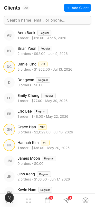 The customer list: twenty buyers, each with a VIP or Regular badge, their order count, lifetime spend and last purchase