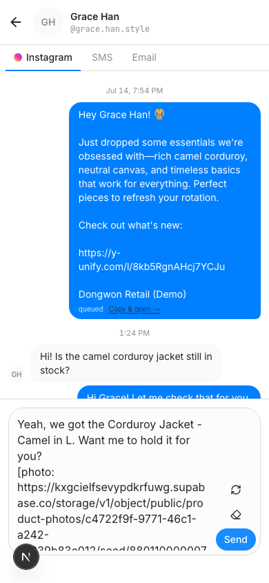 A suggested reply naming the Corduroy Jacket - Camel and the size that is in stock, waiting to be sent