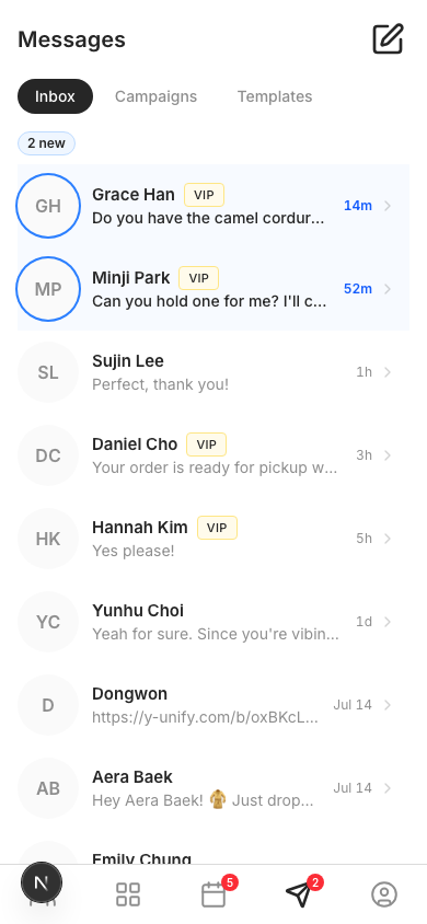 Yunify's shared inbox on a phone: nine client threads with the two unread ones highlighted, VIP badges on the regulars