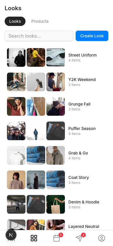 Eight saved looks, each a set of products from the seller's own catalogue