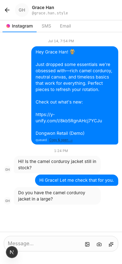 An Instagram thread open in Yunify, with Instagram, SMS and Email tabs above the conversation
